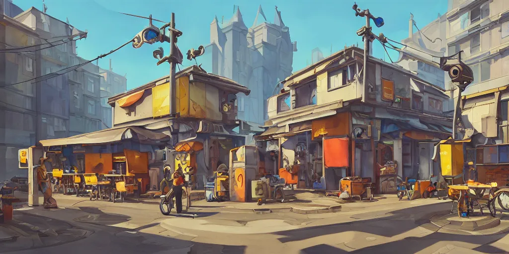 Prompt: overwatch building, stylized, exterior, architecture, in watercolor gouache detailed paintings, insanely detail, artstation, 8 k, futuristic, big medium small, arcane, simon stalenhag, food stall, interesting shapes & form, golden ratio, hard surface, props, lots of decoration and furniture, slums, street, wes anderson