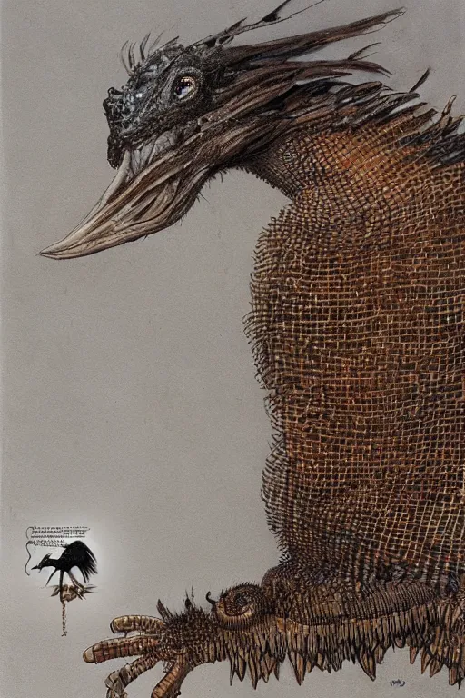 Prompt: art by john howe of a dog - sized humanoid with the feathers of a magpie, head of a horse, front claws of a gecko, arms of a monitor lizard and the face of a chinchilla.