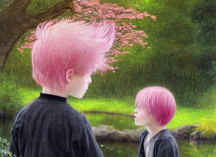 Prompt: pink haired boy backlit staring at black haired boy from across a pond, by alan lee, muted colors, springtime, colorful flowers & foliage in full bloom, sunlight filtering through trees & skin, digital art, art station cfg _ scale 9