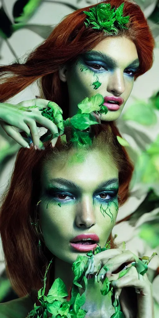 Image similar to “A beautiful portrait of Ophelie Guillermand as Poison Ivy from Batman as a Versace fashion model Spring/Summer 2012, highly detailed, in the style of cinematic, Getty images, Milan fashion week backstage, Makeup by Pat McGrath, Greg rutkowski”