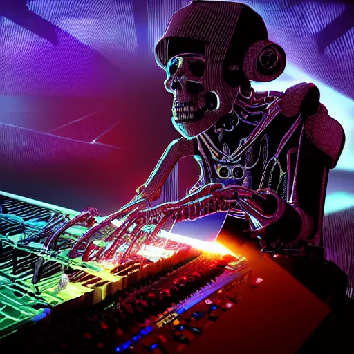 Image similar to cyberpunk skeleton band playing synthesizer, honeycomb structure, smokey lights, lasers, highly detailed, realistic, technology and magic,