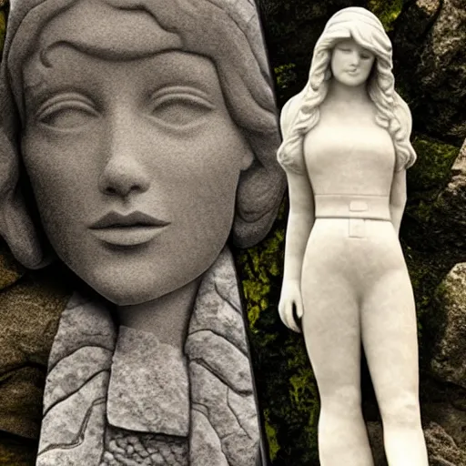 Prompt: stone sculpture of taylor swift and a stone sculpture of harry styles carved on the side of a mountain