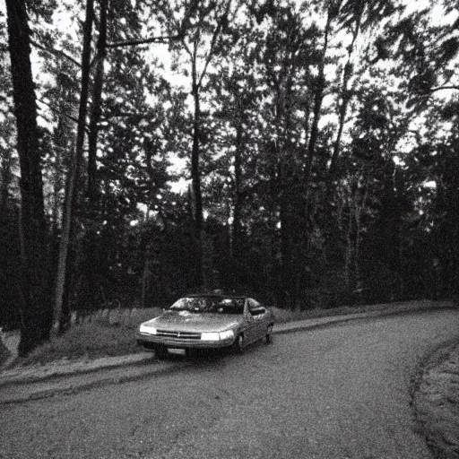 Image similar to 1 9 9 0 s car at night, camera shot, forest in the background, ghost peeks from the trees, creepy