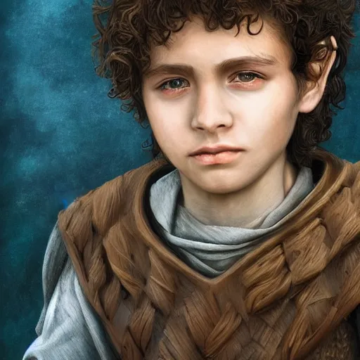 Image similar to a detailed portrait of a medieval ten year old boy, he has short curly brown hair, brown eyes and white skin, fantasy art illustration, incredibly highly detailed and realistic, 8 k, sharp focus