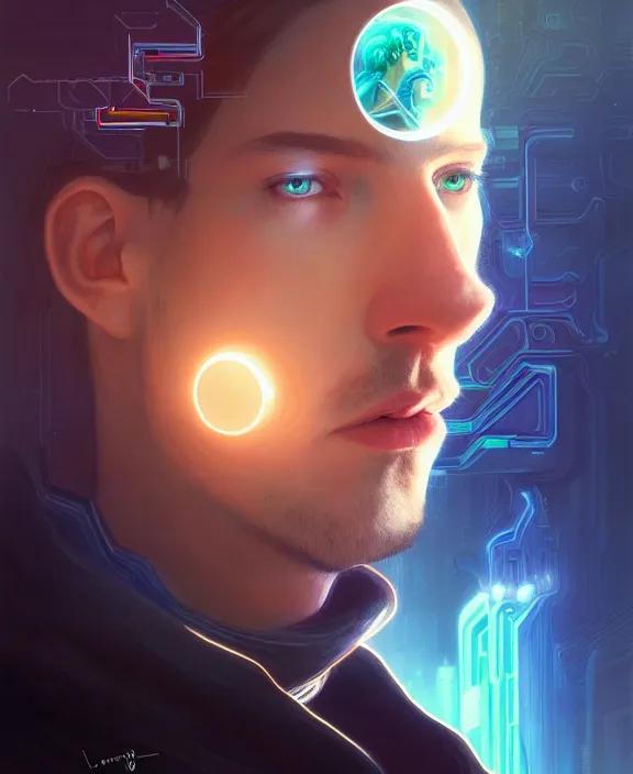 Image similar to a whirlwind inside the metaverse, guy, male, man, hologram, half body, neurochip, android, cyborg, cyberpunk face, by loish, d & d, fantasy, intricate, elegant, highly detailed, colorful, digital painting, artstation, concept art, art by artgerm and greg rutkowski and alphonse mucha