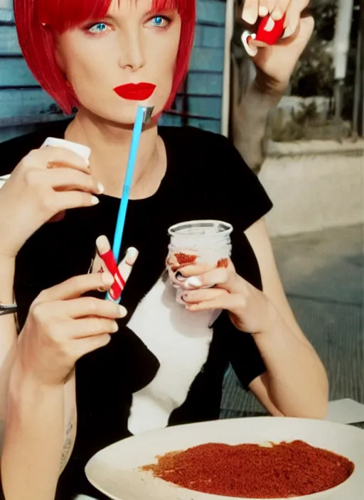 Image similar to a photograph of a woman with large blue eyes, thin nose, red lipstick and black bob with fringe, wearing a white shirt, seated at a table, drinking a milkshake with a straw by Herb Ritts