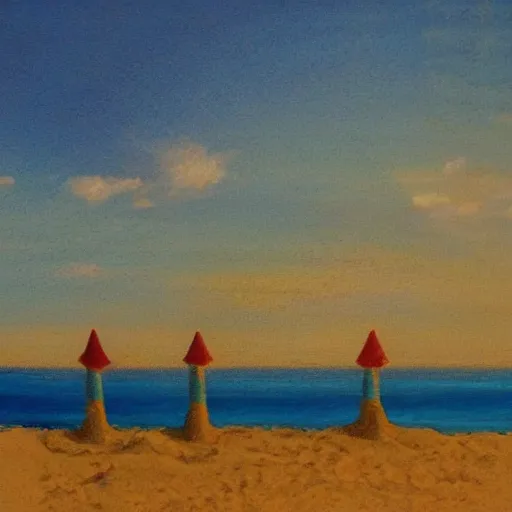 Prompt: sand castles by the sea, by bob ross,