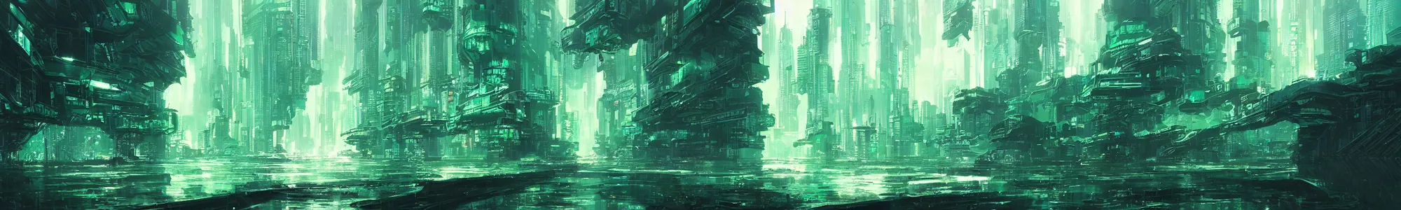 Image similar to reflective waves, cyberpunk texture, green coloring, by studio ghibli and greg rutkowski