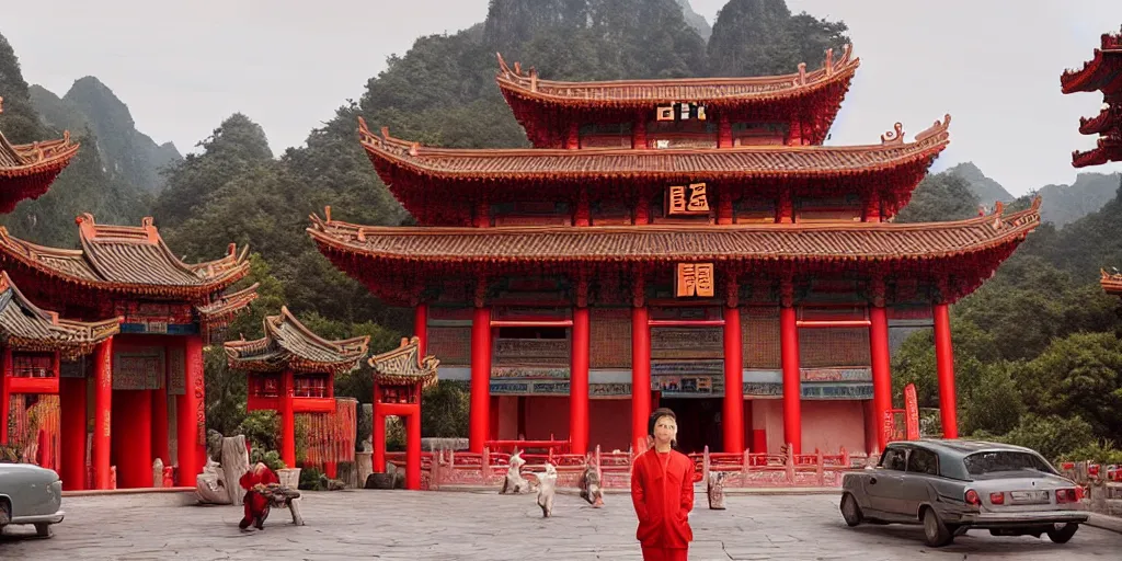 Image similar to a very high resolution image from a new movie, upside - down chinese temple, beautiful scenery, photorealistic, photography, directed by wes anderson