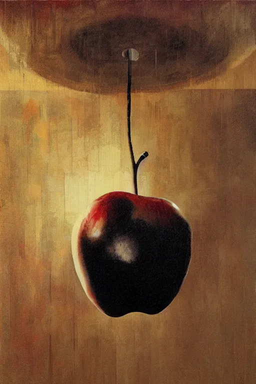 Prompt: A giant apple floating in an abandoned room, detailed art by Phil Hale