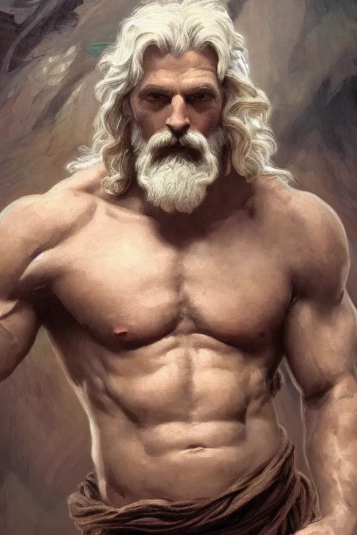 Prompt: painted portrait of rugged zeus, god of thunder, greek god, white hair, masculine, mature, handsome, upper body, luscious, muscular, hairy torso, fantasy, intricate, elegant, highly detailed, digital painting, artstation, concept art, smooth, sharp focus, illustration, art by gaston bussiere and alphonse mucha