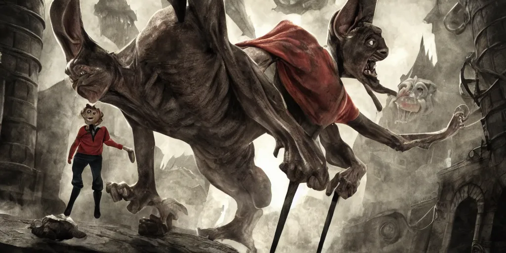 Image similar to harry potter illustration of extremely muscular Dobby fighting a Gnome at Gringotts, hd 4k