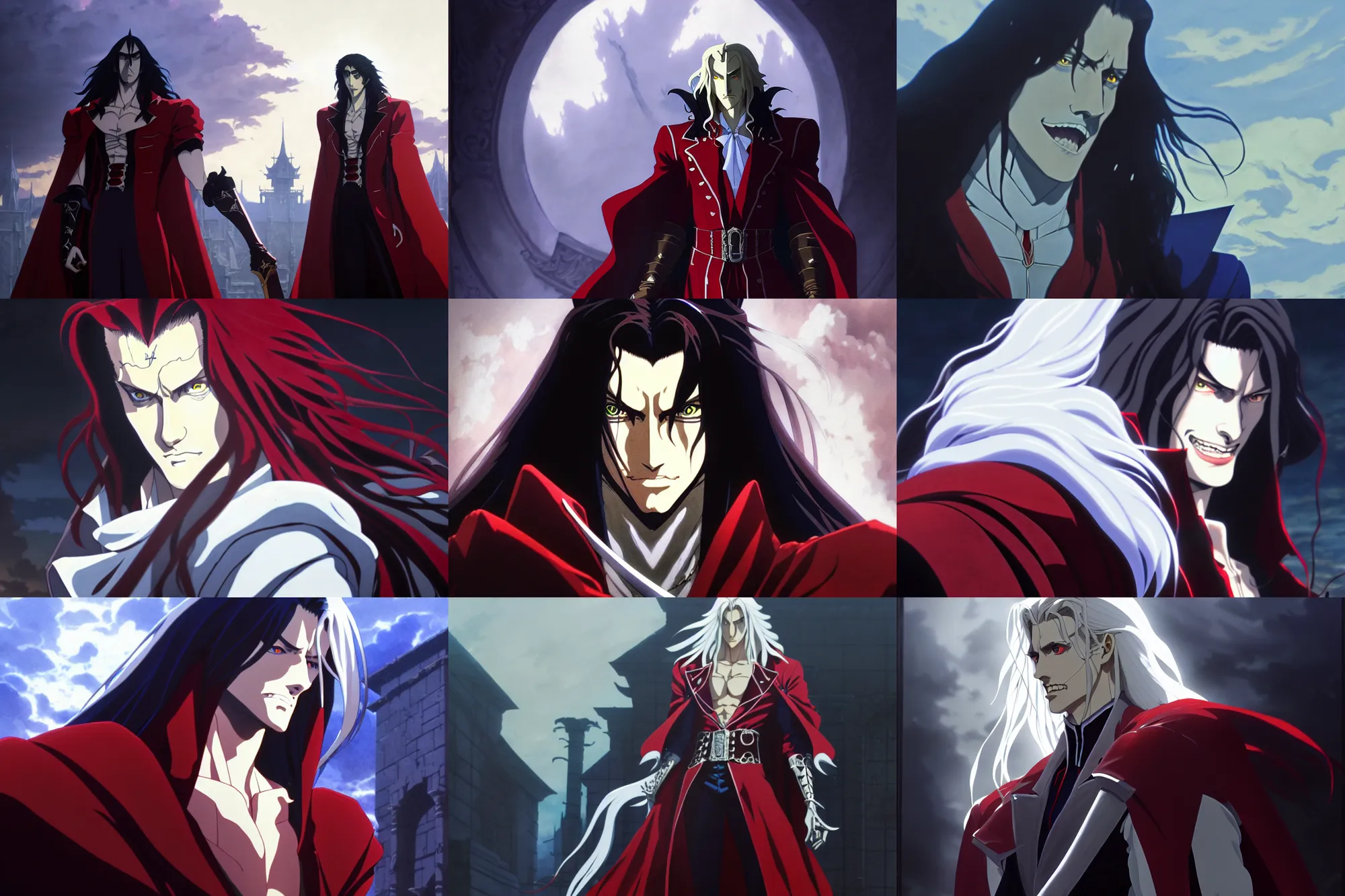 Prompt: a film still portrait of alucard from netflix castlevania, finely detailed features, perfect art, at an ancient city, gapmoe yandere grimdark, trending on pixiv fanbox, painted by greg rutkowski makoto shinkai takashi takeuchi studio ghibli, akihiko yoshida