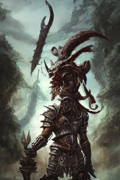 Image similar to Huge fishheaded warrior in armor, portrait, woodlands, magic the gathering artwork, D&D, fantasy, cinematic lighting, centered, symmetrical, highly detailed, digital painting, artstation, concept art, smooth, sharp focus, illustration, volumetric lighting, epic Composition, 8k, art by Akihiko Yoshida and Greg Rutkowski and Craig Mullins, oil painting, cgsociety