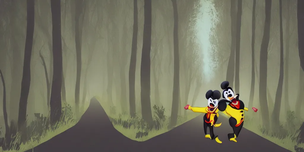 Image similar to tweedle dee and tweedle dum laughing hysterically, night, road between tall trees, dense forest, dark night, moon, in style of disney cartoon