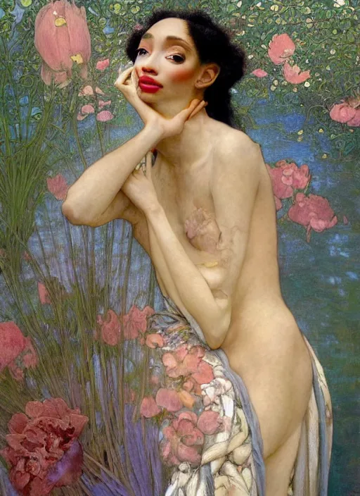 Image similar to a realistic oil painting of a beautiful young woman resembling winnie harlow, flowing robes, silk dress, peonies, crystal encrustations, underwater, fantasy art, by mucha, by bouguereau, intricate, colorful