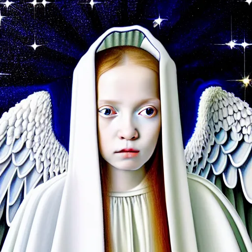 Image similar to beautiful high details hyper realistic painting of white angel in the hood coming from space with giant ball of miracle light from the chest!!!!!, 4 k hd face!!!, fashion face, no gender, giant silver holographic wings, by jan van eyck, holography space, white sparkles everywhere, thin strokes, high textures, silver background