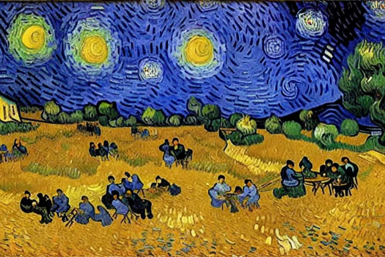 Prompt: van gogh painting of a campsite with bonfire