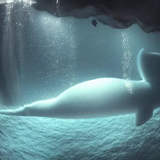 Prompt: An award winning photo of a Ningen resting in it's underwater cave, hyper realistic, 4K ultra HD