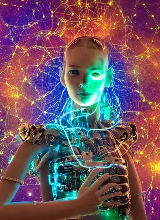 Prompt: intricate cyborg pilot girl with electromechanical robot parts, embedded in motherboard wall, connected made of and covered with many colorful wires, featuring beautiful detailed machined crystal eyes glowing with nebula, background glowing game server powered by galaxies. backlit luminous shiny metallic