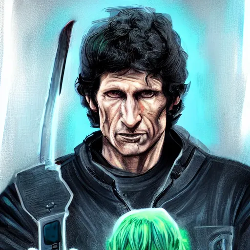 Image similar to todd howard with a switchblade in a alleyway, forcing you to buy skyrim, threatening, sharp, colorful, digital art, neon, bright, realism, bold