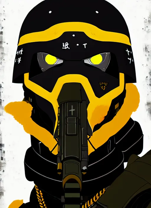 Image similar to a portrait of a vicious helldiver scout soldier, black armor with yellow accents, closeup on face, ilya kuvshinov, pop - art, pixiv top monthly, trending on artstation, cinematic, danbooru, zerochan art, kyoto animation