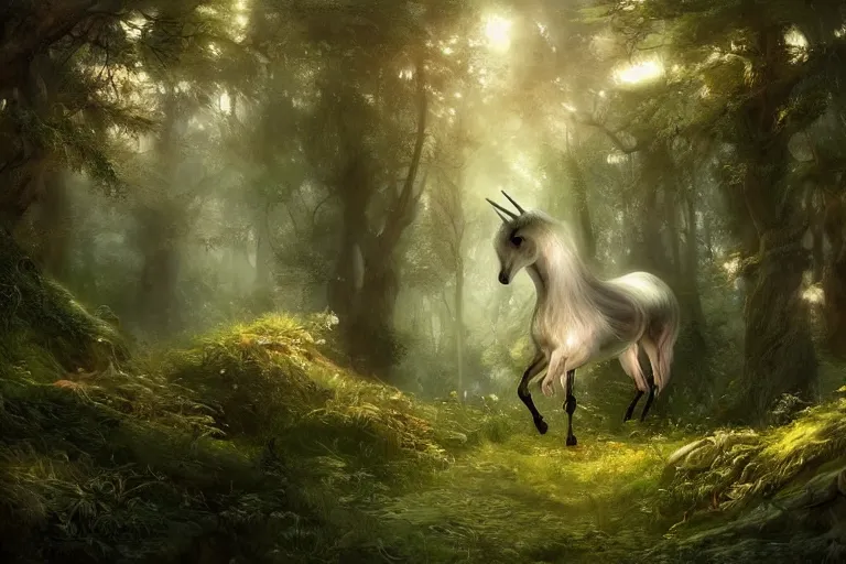 Prompt: fine art painting of a unicorn in a magical forest, artstation, cgsociety, very detailed, intricate, masterpiece, stunning, romanticism