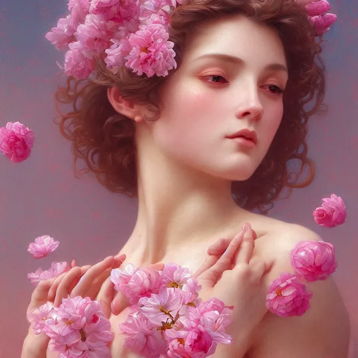 Image similar to a wonderful goddess with the body made of pink petals, intricate, elegant, highly detailed, wonderful eyes, sweet, digital painting, artstation, concept art, smooth, sharp focus, illustration, art by artgerm and greg rutkowski and alphonse mucha and william - adolphe bouguereau