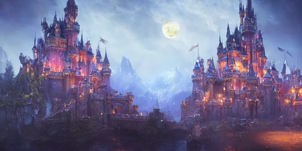Image similar to a glittering fantasy castle at night with grand delicate walkways, extremely detailed oil painting, unreal 5 render, fantasy digital art, octane render, beautiful composition, trending on artstation, award-winning photograph, masterpiece
