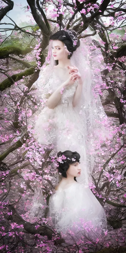 Prompt: A beautiful gothic princess, bride, queen, cherry blossom tree background, sakura tree background, lace veil, octopus haircut, wedding, shy girl, hyperrealism, full body portrait, crystals, all white dress with pink + volumetric lighting + ambient occlusion + rtx + detailed textures + micro details + post processing + photo realism + realistic + octane render, Unreal Engine, Highly Detailed, Dramatic Lighting, Beautiful