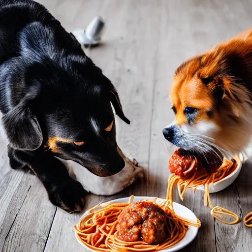 Prompt: photo of two dogs eating spaghetti and meatballs, tomato sauce, 50mm, beautiful photo