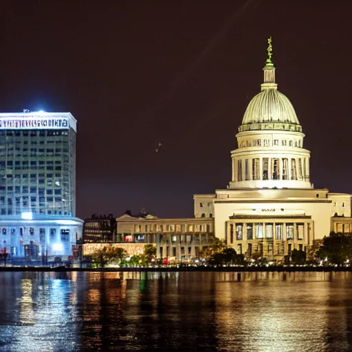 Prompt: madison wisconsin capital attacked by godzilla ( eos 5 ds r, iso 1 0 0, f / 8, 1 / 1 2 5, 8 4 mm, postprocessed, bokeh )