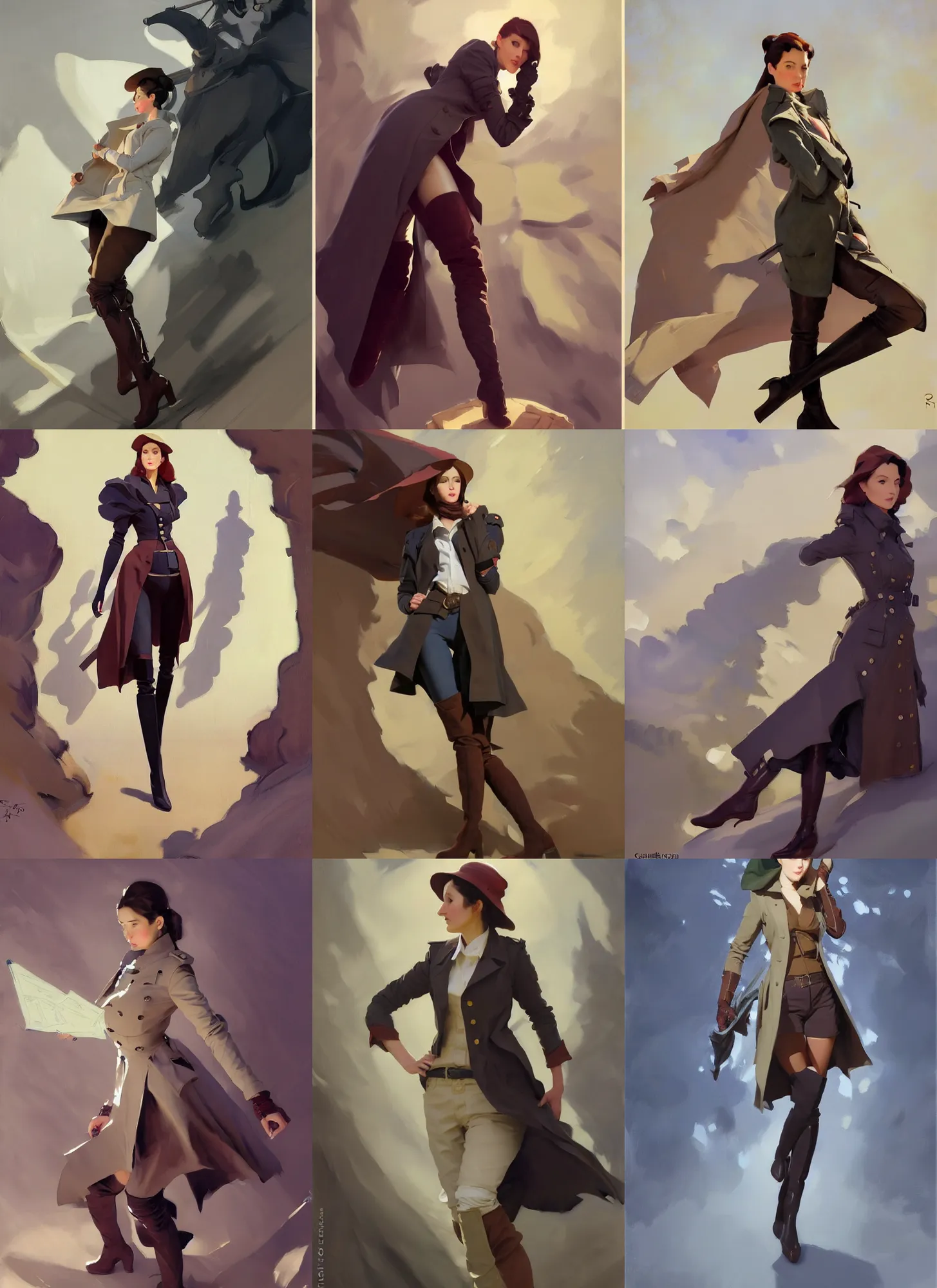 Prompt: cloth fabric jodhpurs knee high boots travel coat fashion, greg manchess painting by sargent and leyendecker, studio ghibli, fantasy, medium shot, asymmetrical, intricate, elegant, matte painting, illustration, hearthstone, by greg rutkowski, by greg tocchini, by james gilleard, by joe fenton