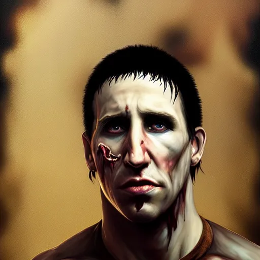 Image similar to color portrait of young and handsome trent reznor as a zombie with shoulder length hair, 7 days to die zombie, gritty background, fine art, award winning, intricate, elegant, sharp focus, cinematic lighting, digital painting, 8 k concept art, art by brom, art by guweiz and z. w. gu, art by michael hussar, 8 k