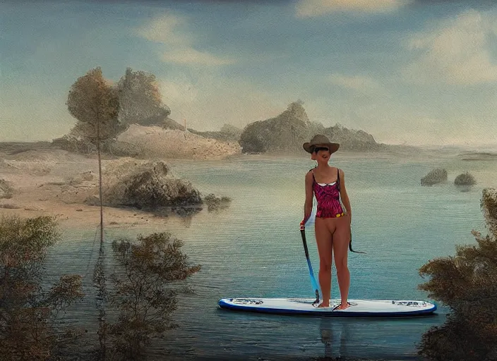 Prompt: painting of a swedish women on a sup wearing a swimsuit, intricate elegant matte painting illustration, by bruno liljefors