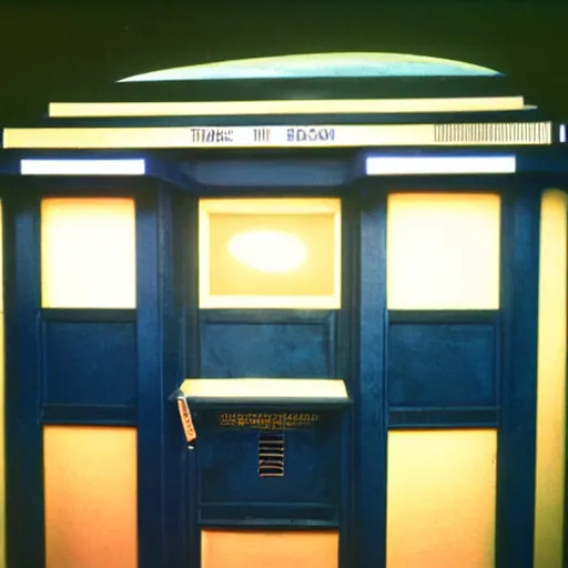 Prompt: Tardis console room, Art Deco style, by stanley kubrick, shot by 35mm film color photography