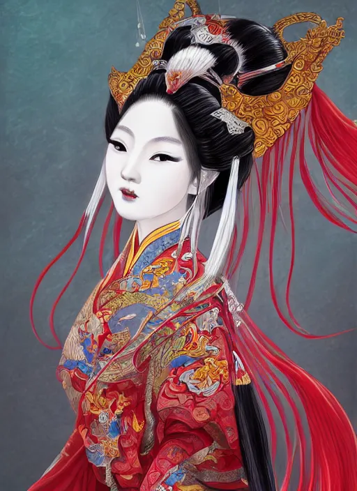 Image similar to full body portrait of a female kitsune peking opera actress by wlop, wuxia, xianxia, kitsune, fox spirit, actress, peking opera, lithe, absurdly beautiful, detailed, realistic, anatomically accurate, fantasy illustration, artstation, wlop, 4 k.