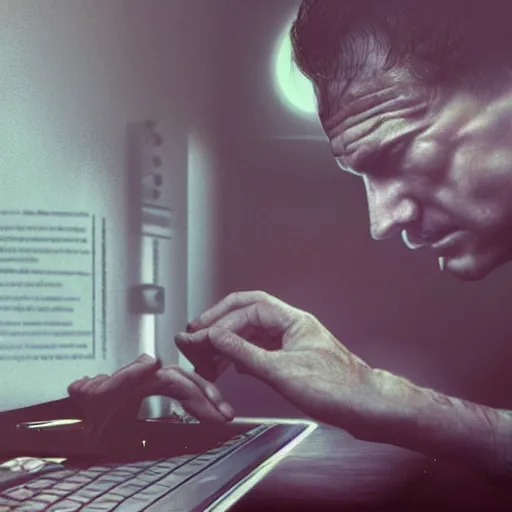 Prompt: a tired red - eyed man working on his computer, realistic, 8 k, extremely detailed, cgi, trending on artstation, hyper - realistic render, by greg rutkowski