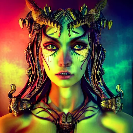 Prompt: succubus goddess close-up portrait tribal princess , sitting on intricate throne, high tech, cyberpunk, dystopian, jellyfish phoenix dragon, butterfly squid, burning halo, intricate artwork by Guy Denning, very coherent symmetrical artwork, cinematic, hyper realism, high detail, octane render, unreal engine, 8k, Vibrant colors, Smooth gradients, High contrast, depth of field,