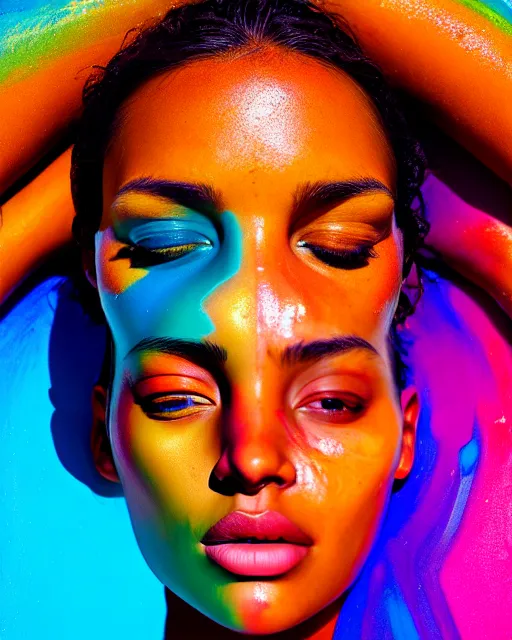 Image similar to photo half body portrait of very beautiful woman, face emerging from pool of colorful oils, brown skin, realism, extreme detail, real life, key art, soft light, volumetric light, 3 - d shadows, photo by james jean and wlop, photoshoot