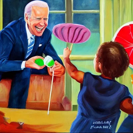 Prompt: a painting of joe biden stealing a lolly from a child