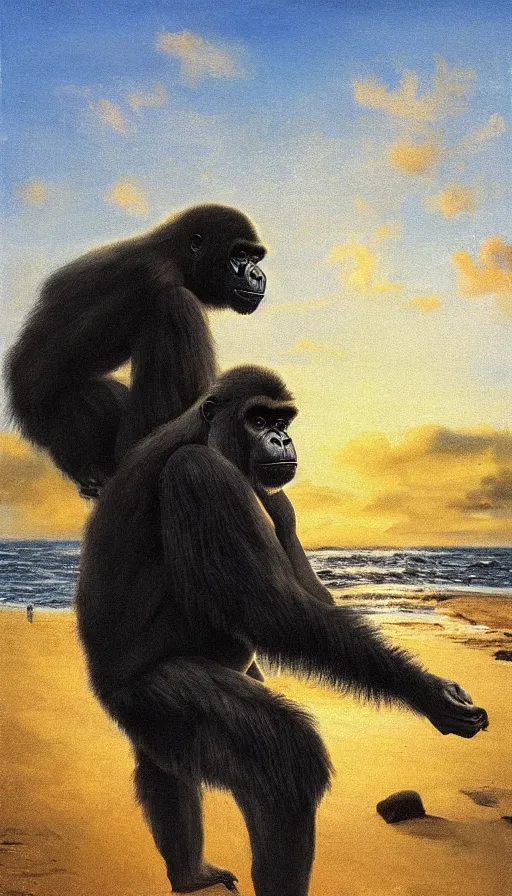 Prompt: Fuzzy gorilla on the beach, by Peder Krøyer, golden hour, dramatic lighting, volumetric lighting, intricately detailed, canvas print