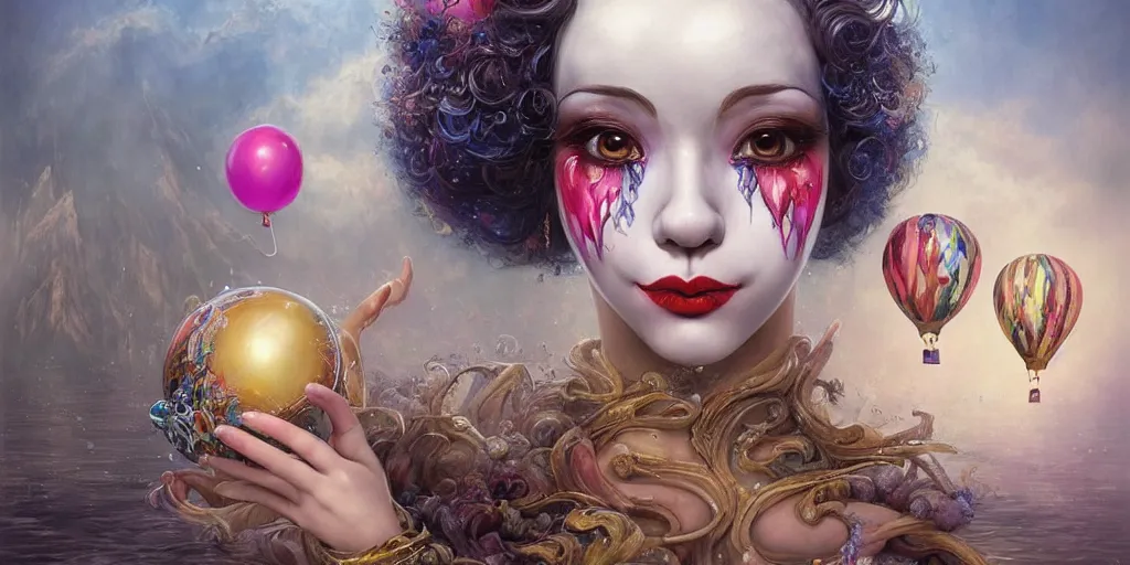 Image similar to a portrait of a group of female clown sorceress with balloons bathing in a lake by karol bak and jia ruan, beautiful detailed eyes, cute, fantasy, intricate, elegant, highly detailed, digital painting, 4 k, hdr, concept art, detailed jewelry, smooth, sharp focus, illustration, art by artgerm