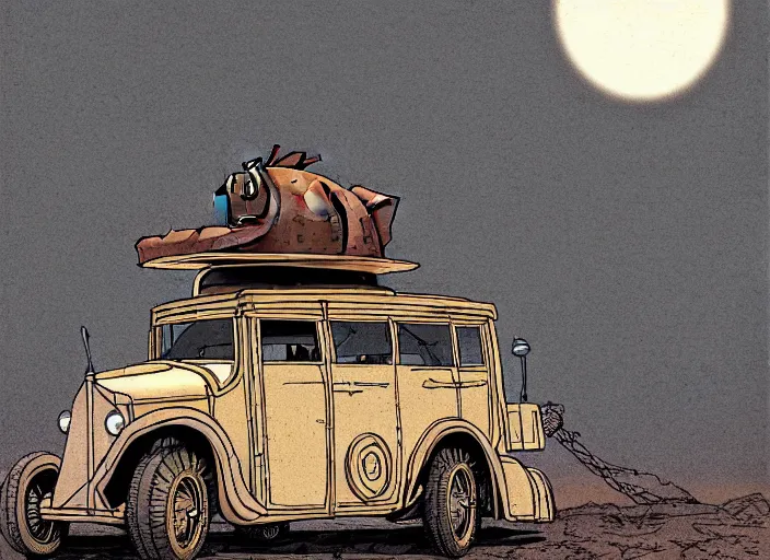 Image similar to a cell shaded cartoon of a lovecraftian tortoise stage coach from howl's moving castle ( 2 0 0 4 ), on a desert road, in front of a full moon, full body, wide shot, very muted colors, post grunge, studio ghibli, laurie greasley, highly detailed, deviantart, art by artgem