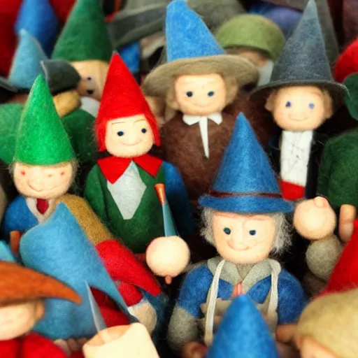 Image similar to felt point figures of bilbo's birthday party, gandalf, fireworks, frodo, pippin, merry, cute, tilt shift, award winning, highly textured