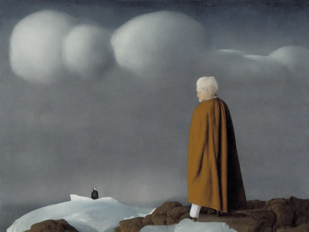 Image similar to albino mystic, with his back turned, looking at a snowstorm over the iceberg in the distance. Painting by Jan van Eyck, Audubon, Rene Magritte, Agnes Pelton, Max Ernst, Walton Ford