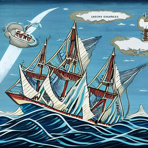 Prompt: a wooden sailing ship being attacked by flying saucers in the arctic, intricate, detailed
