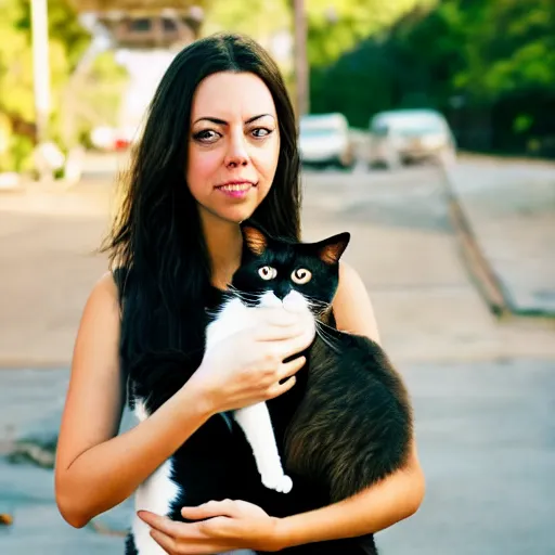 Image similar to a girl that slightly looks like aubrey plaza, with long dark hair holding a cat in her arms, a stock photo by juan villafuerte, pexels contest winner, high quality photo, rtx, hd, shiny eyes, rasquache