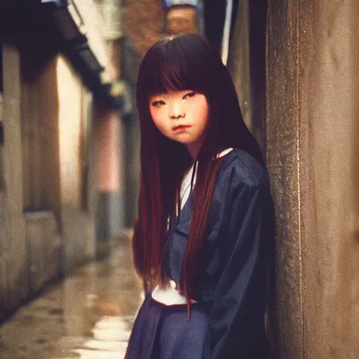 Image similar to 1990s perfect 8K HD professional cinematic photo of close-up japanese schoolgirl posing in sci-fi dystopian alleyway at morning during rain, at instagram, Behance, Adobe Lightroom, with instagram filters, depth of field, taken with polaroid kodak portra