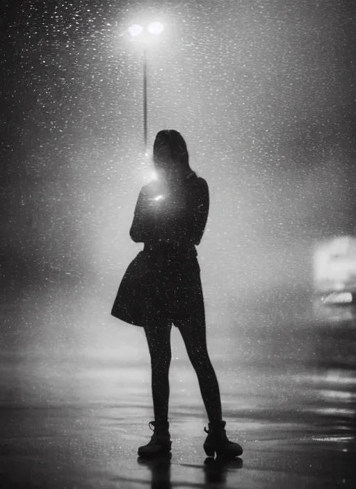 Prompt: a 2 8 mm macro photo of a woman standing in the rain, long exposure, misty, night, splash art, movie still, bokeh, canon 5 0 mm, cinematic lighting, dramatic, film, photography, golden hour, depth of field, award - winning, anamorphic lens flare, 8 k, hyper detailed, 3 5 mm film grain